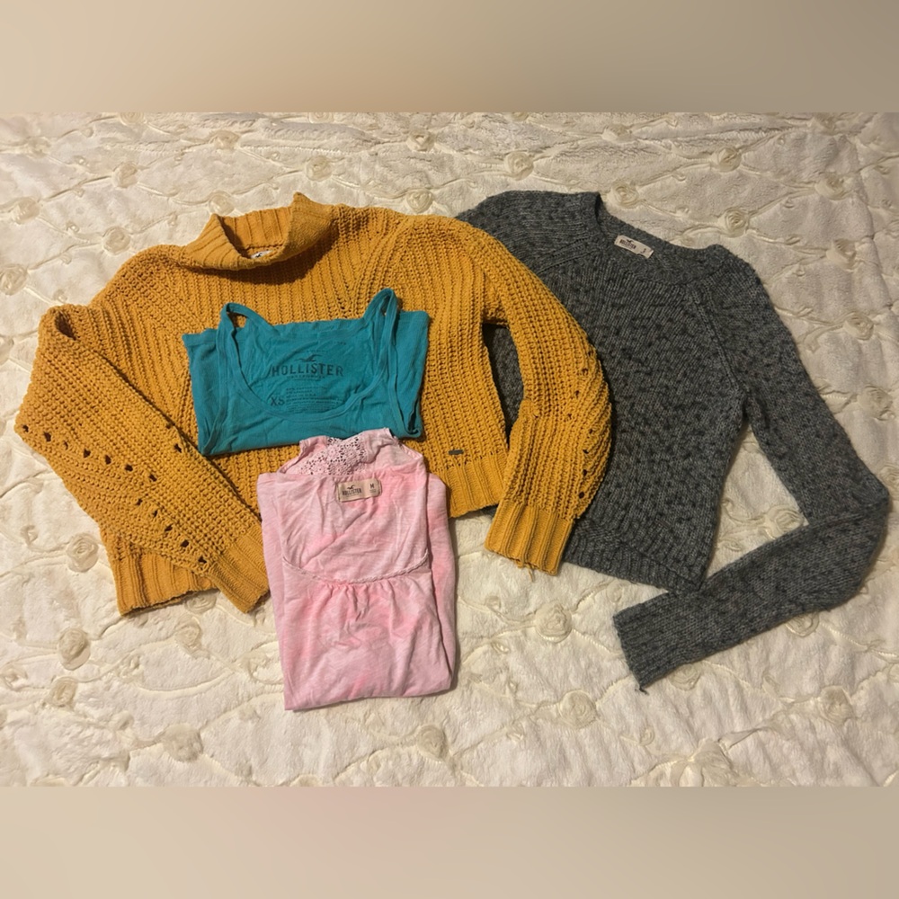 Hollister Y2K LOT!! Yellow sweater, gray sweater, pink open back top, blue tank!